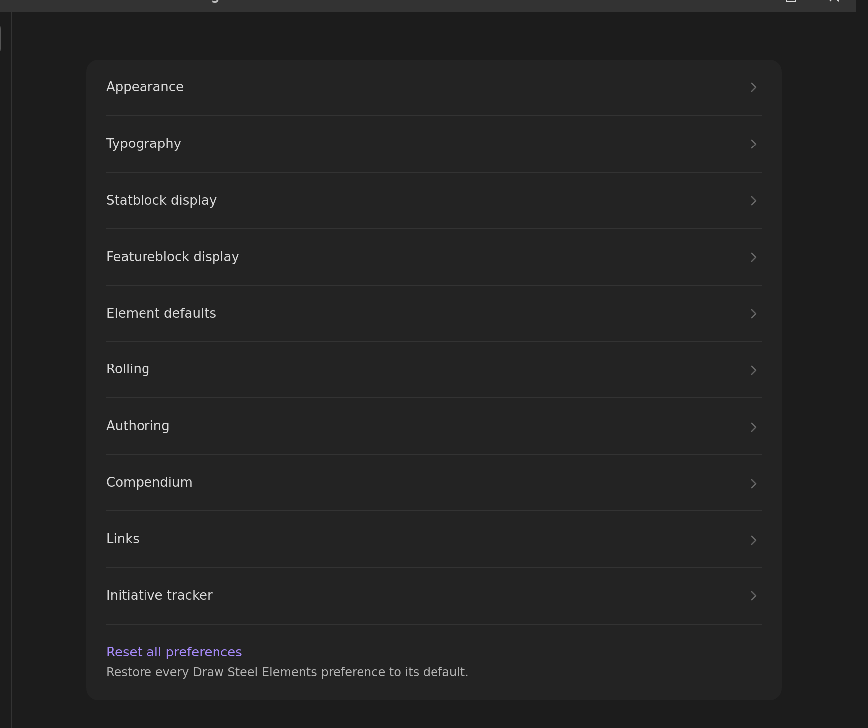 The Draw Steel Elements settings index