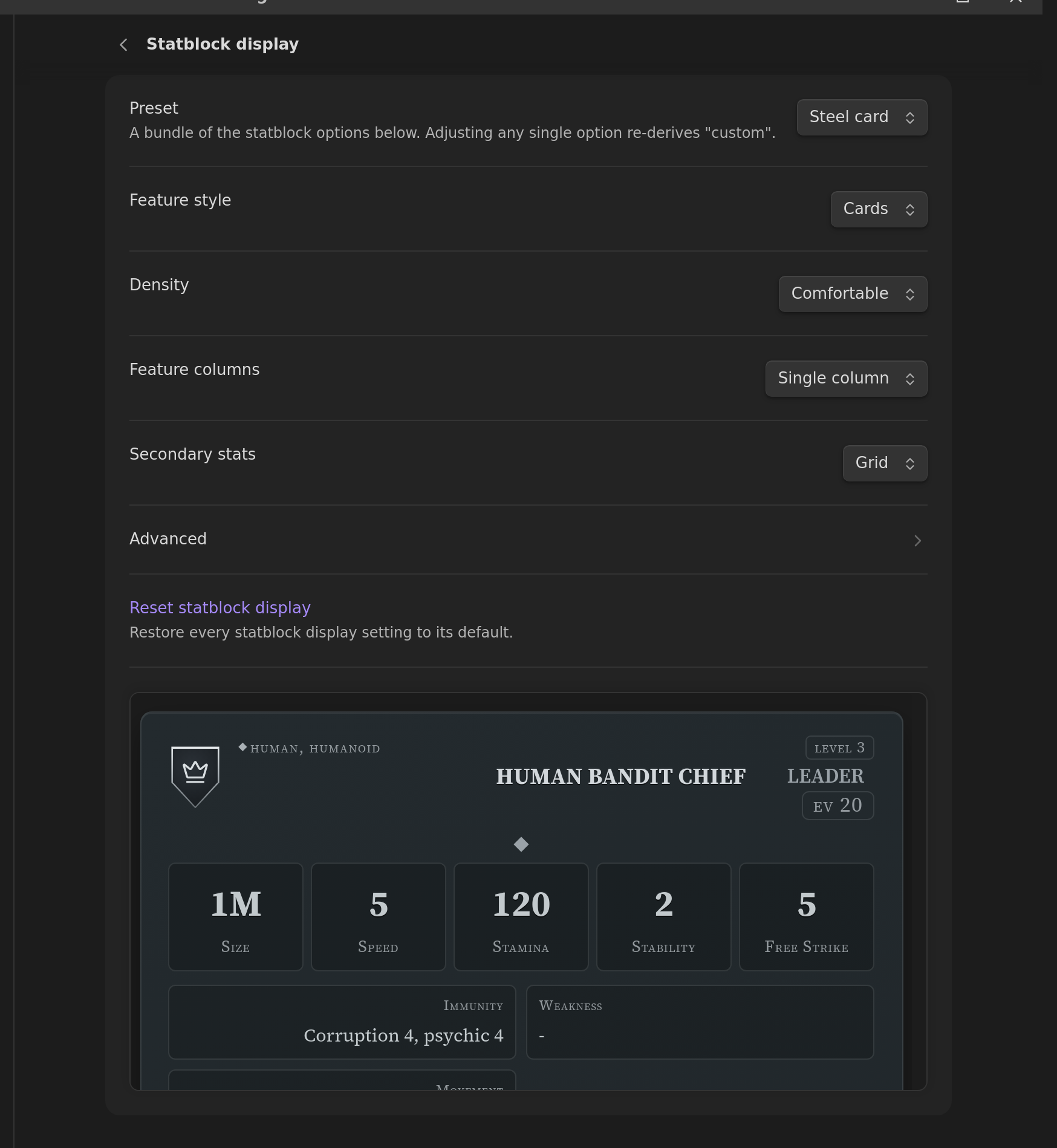The Statblock display settings page