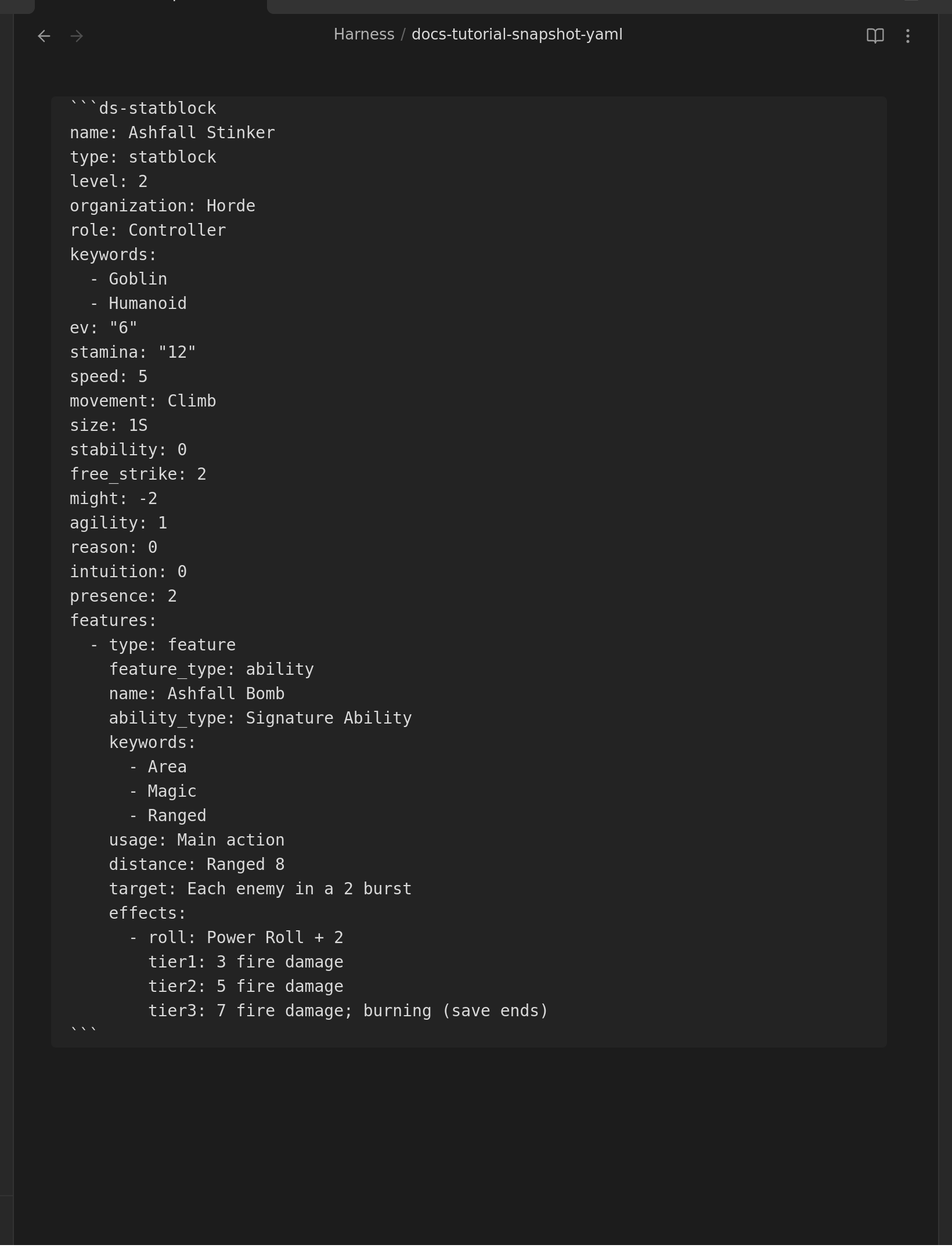 A snapshot statblock in the editor